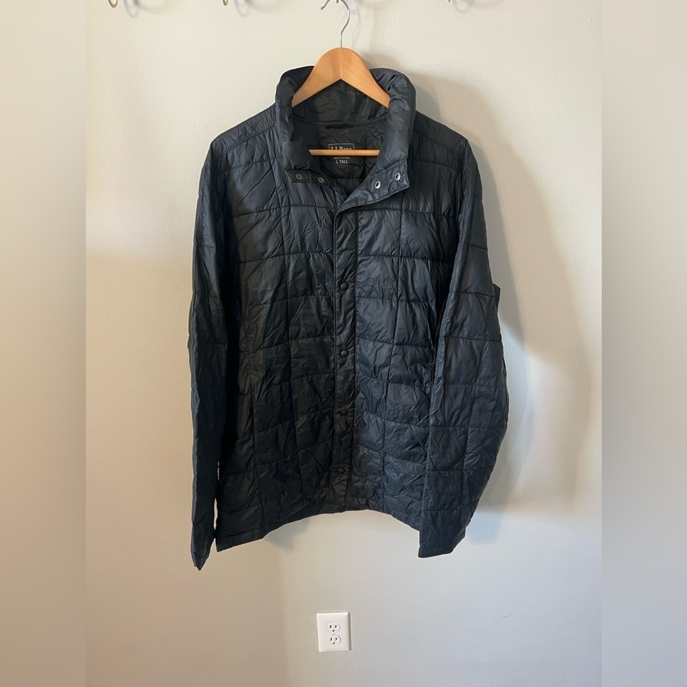 Vintage LL Bean Packable Puffer Jacket Mens Size Large Tall Black Snap Button